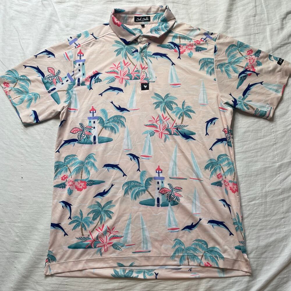 Bad Birdie Marino Floral Pink Polo Shirt Sz Large Men's Athleisure Golf Wicking